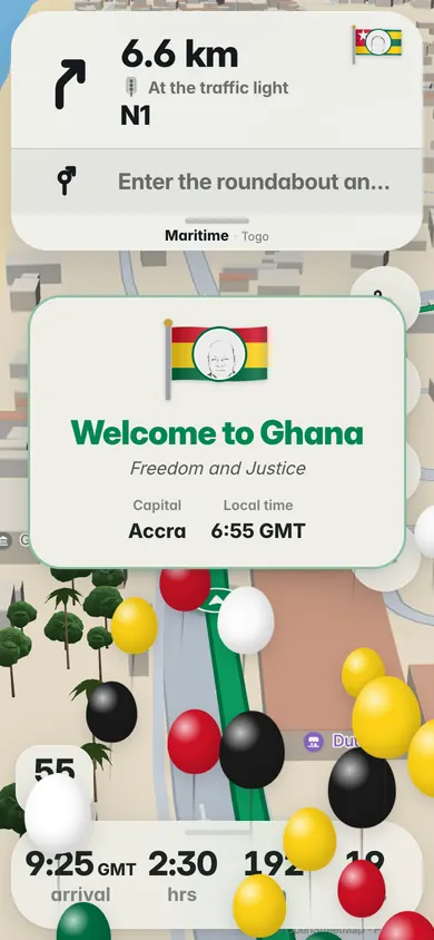 Welcome to Ghana: the flag, the motto Freedom and Justice, the capital Accra and the local time