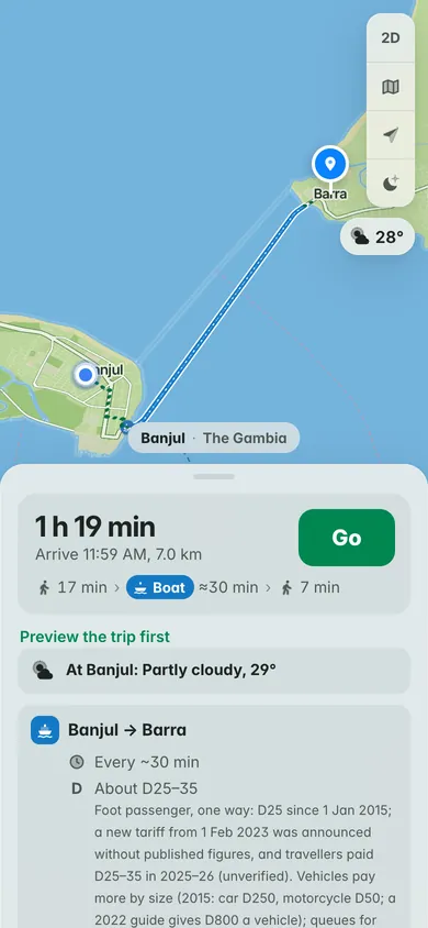 By ferry from Banjul to Barra: the walk to the terminal, about 30 minutes on the boat and the fare in dalasis