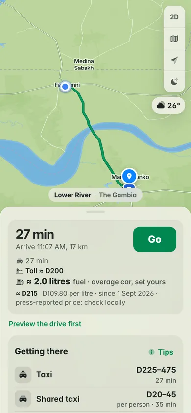 Farafenni to Soma over the Senegambia Bridge, with the D200 toll for a car on the route card