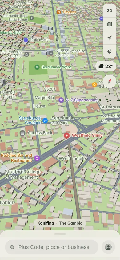 The 3D map of Serekunda and Westfield junction, with Kairaba Avenue and the search bar