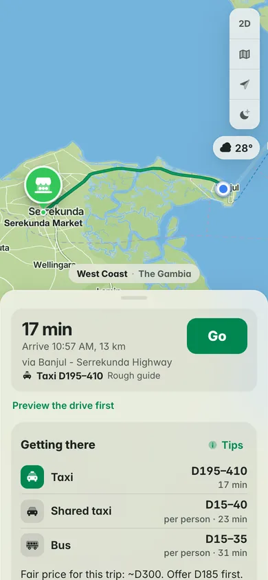 Banjul to Serekunda Market by car: 17 minutes and 13 km, a taxi for D195–410 and the fair price, about D300