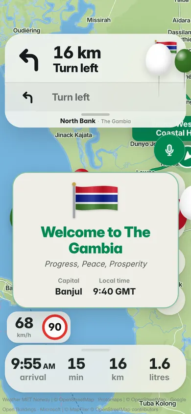 Welcome to The Gambia: the flag, the motto Progress, Peace, Prosperity, the capital Banjul and the local time in GMT, with red, blue and green balloons