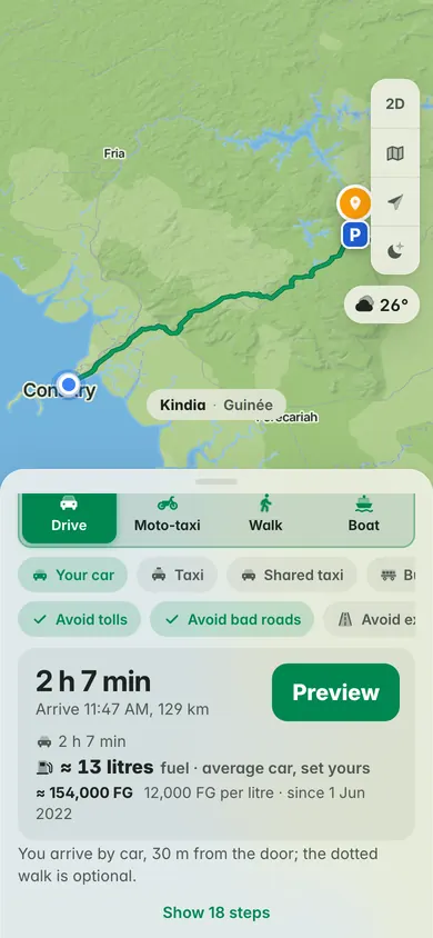 Conakry to Kindia by car: 2 h 7 min and 129 km, about 13 litres of fuel, about 154,000 FG at 12,000 FG a litre