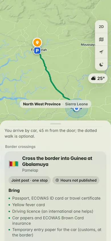Planned from Kambia in Sierra Leone: cross the border into Guinea at Gbalamuya and Pamelap, a joint post with one stop, and what to bring