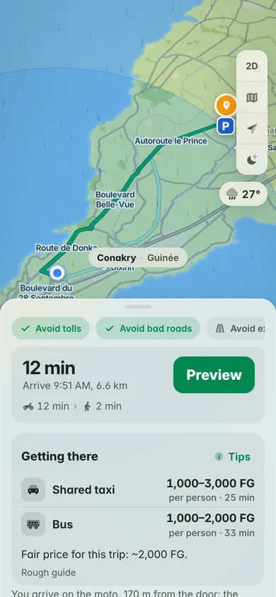 Madina to Ratoma by moto-taxi in 12 minutes, with a shared taxi seat for 1,000–3,000 FG and the bus for 1,000–2,000 FG, and the fair price, about 2,000 FG