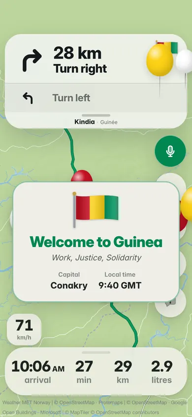 Welcome to Guinea: the flag, the motto Work, Justice, Solidarity, the capital Conakry and the local time, 9:40 GMT, with red, yellow and green balloons