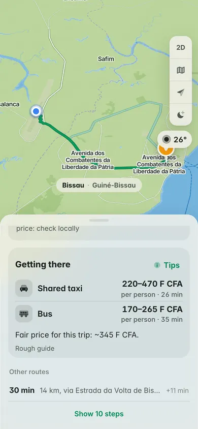 Getting there from Bissau airport to Praça dos Heróis Nacionais: shared taxi and bus prices per person in F CFA, and a fair price for the trip, as a rough guide