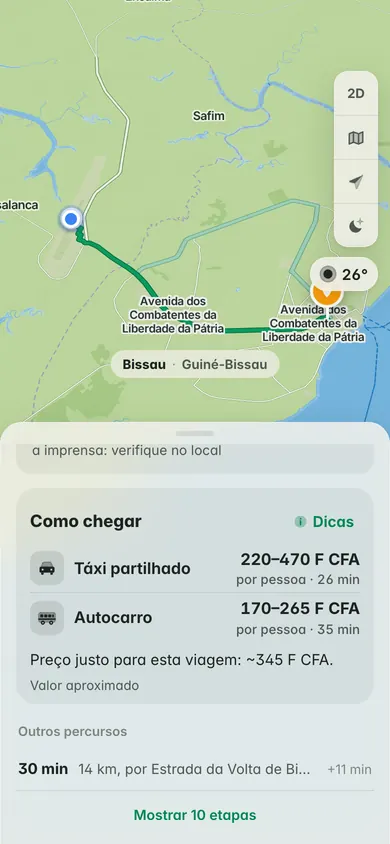 Como chegar do aeroporto de Bissau à Praça dos Heróis Nacionais: preços por pessoa de táxi partilhado e de autocarro em F CFA, e um preço justo para a viagem, a título indicativo