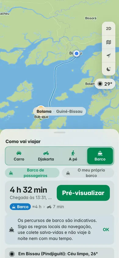 De barco do cais de Pindjiguiti, em Bissau, até Bubaque: cerca de 4 h 32 min, com o lembrete do colete salva-vidas e o tempo no cais
