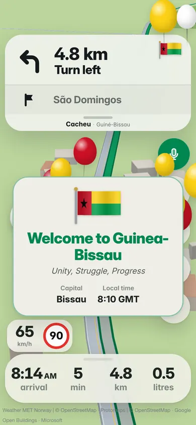 A aplicação em inglês, se preferir: Welcome to Guinea-Bissau, com a bandeira, o lema, a capital Bissau e a hora local, 8:10 GMT, na estrada para São Domingos