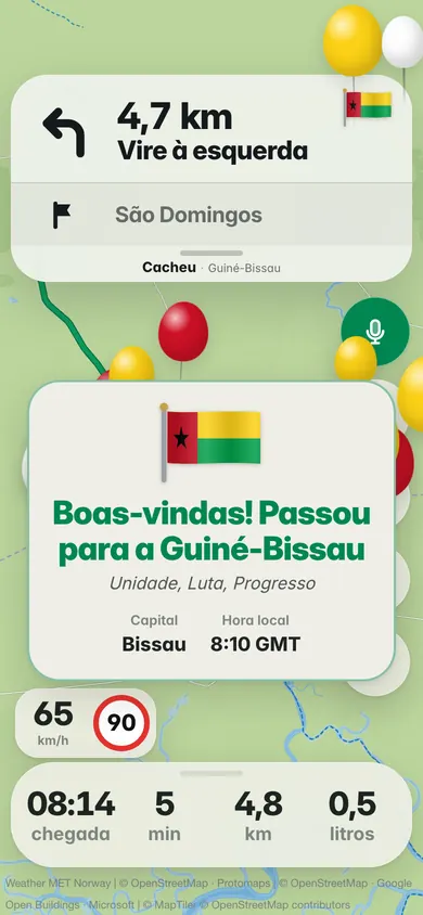 A aplicação em português: Boas-vindas! Passou para a Guiné-Bissau, com a bandeira, o lema Unidade, Luta, Progresso, a capital Bissau e a hora local, 8:10 GMT