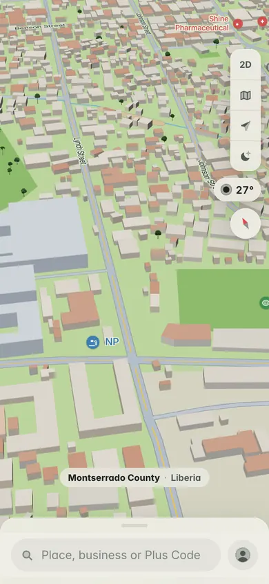 The 3D map of central Monrovia around Lynch and Johnson Streets, with the search bar