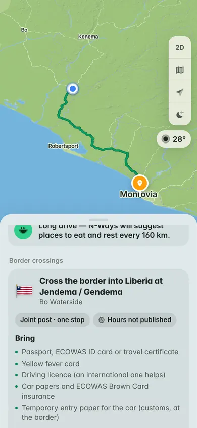 Planned from Bo in Sierra Leone: cross the border into Liberia at Jendema / Gendema and Bo Waterside, a joint post with one stop, and what to bring