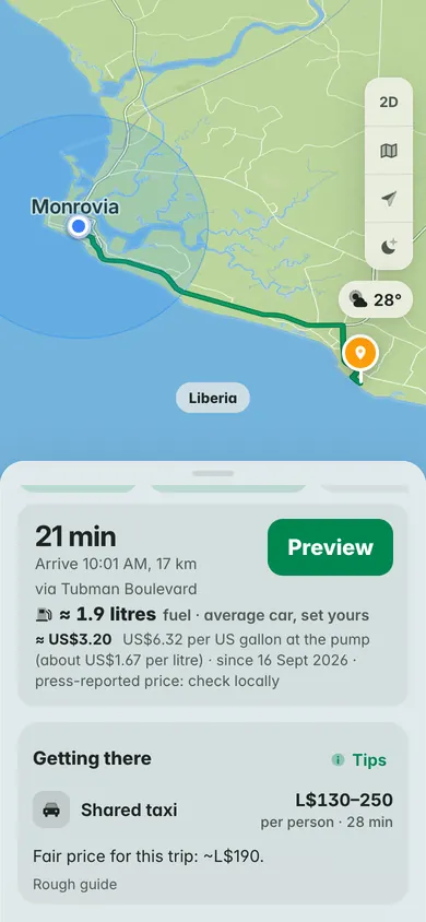 Broad Street to ELWA Junction: 21 minutes and 17 km, about US$3.20 of fuel at US$6.32 a US gallon, and a shared taxi seat for L$130–250