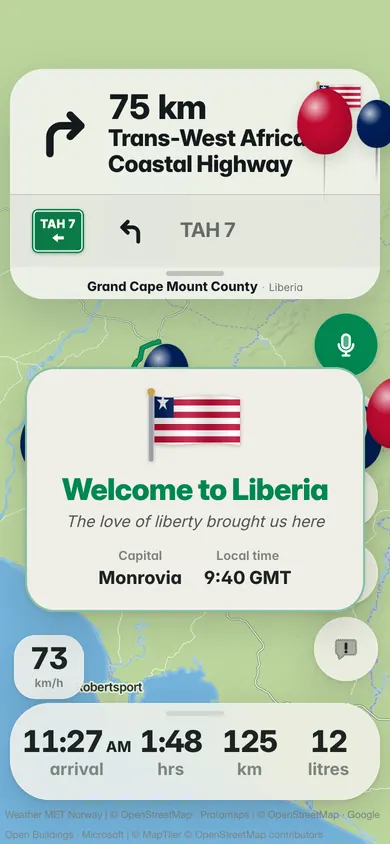 Welcome to Liberia: the flag, the motto The love of liberty brought us here, the capital Monrovia and the local time, 9:40 GMT, with red, white and blue balloons