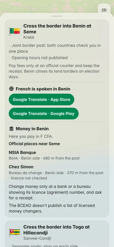 Cross the border into Benin at Seme, a joint border post; French is spoken in Benin, with Google Translate links; banks and a bureau de change near the post