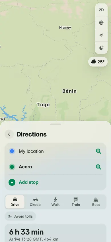 Directions to Accra: 6 h 33 min and 464 km by car, arriving 13:28 GMT, with Drive, Okada, Walk, Train and Boat