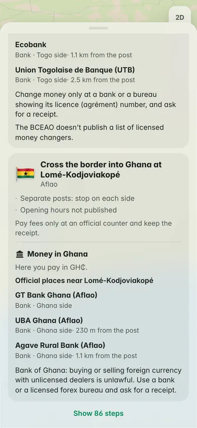 Cross the border into Ghana at Lomé-Kodjoviakopé, separate posts; Money in Ghana: banks on the Ghana side of Aflao and the Bank of Ghana rule on licensed forex bureaux