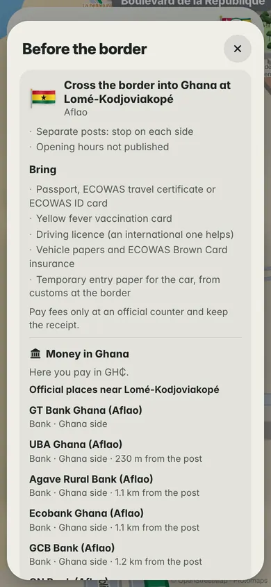 Before the border: cross into Ghana at Lomé-Kodjoviakopé, separate posts, what to bring, and banks on the Ghana side of Aflao