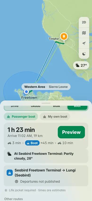 By water taxi from the Seabird Freetown terminal to Lungi: 1 h 23 min door to door with about 45 minutes on the boat, departures not published, and the weather at the terminal