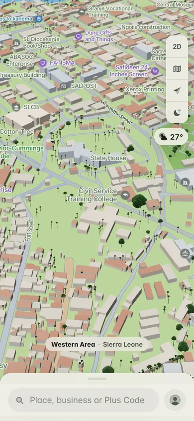 The 3D map of central Freetown, with State House, the Cotton Tree area, Salpost and the search bar