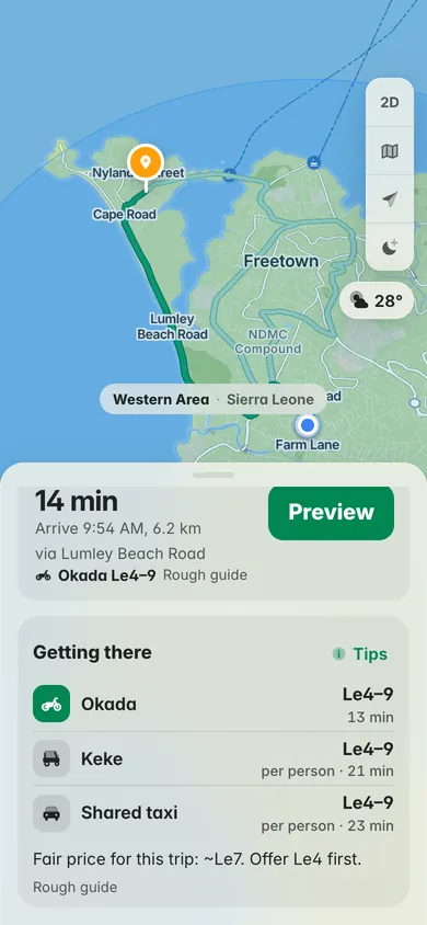 Lumley to Aberdeen by okada in 13 minutes: Le4–9 by okada, keke or shared taxi, and the fair price, about Le7, with Offer Le4 first