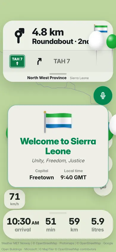 Welcome to Sierra Leone: the flag, the motto Unity, Freedom, Justice, the capital Freetown and the local time, 9:40 GMT, with green, white and blue balloons