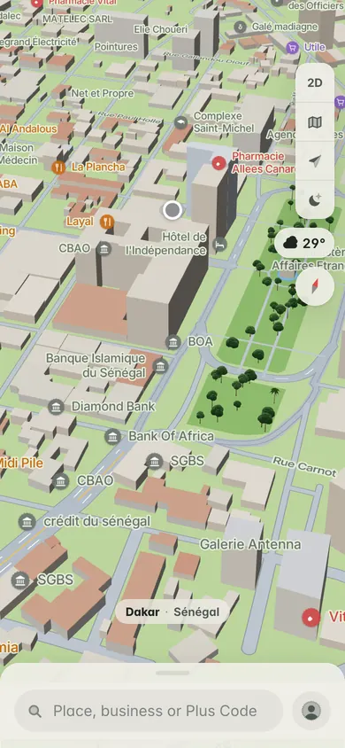 The 3D map of Dakar-Plateau by Place de l’Indépendance, with its banks, the Hôtel de l’Indépendance and the search bar