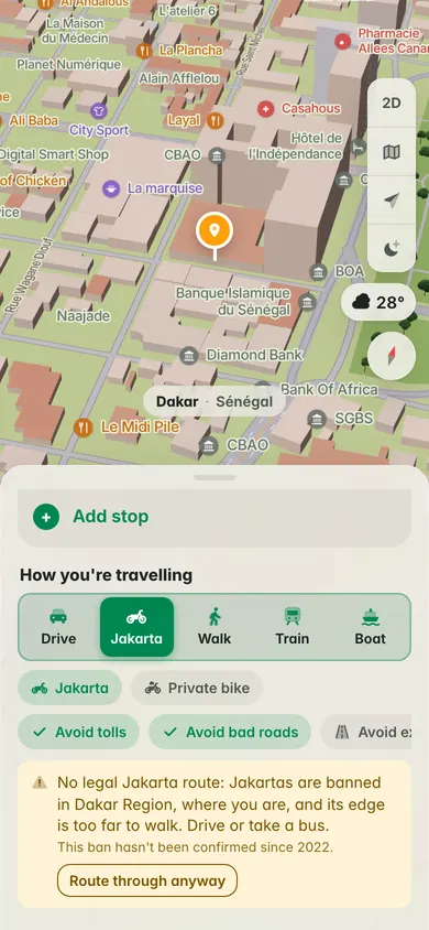 Directions by Jakarta from Médina to Place de l’Indépendance in Dakar: No legal Jakarta route, Jakartas are banned in Dakar Region, drive or take a bus; this ban hasn’t been confirmed since 2022, with Route through anyway