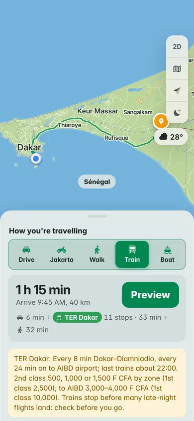 By TER from Place de l’Indépendance to Diamniadio: 1 h 15 min, 11 stops on TER Dakar, with the line’s frequencies, last trains and fares by zone
