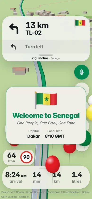 Welcome to Senegal: the flag, the motto One People, One Goal, One Faith, the capital Dakar and the local time, 8:10 GMT, with balloons in the flag’s colours, near Ziguinchor