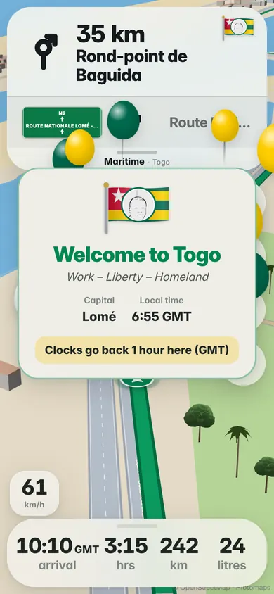 Welcome to Togo: the flag, the motto Work, Liberty, Homeland, the capital Lomé, the local time, 6:55 GMT, and Clocks go back 1 hour here (GMT)